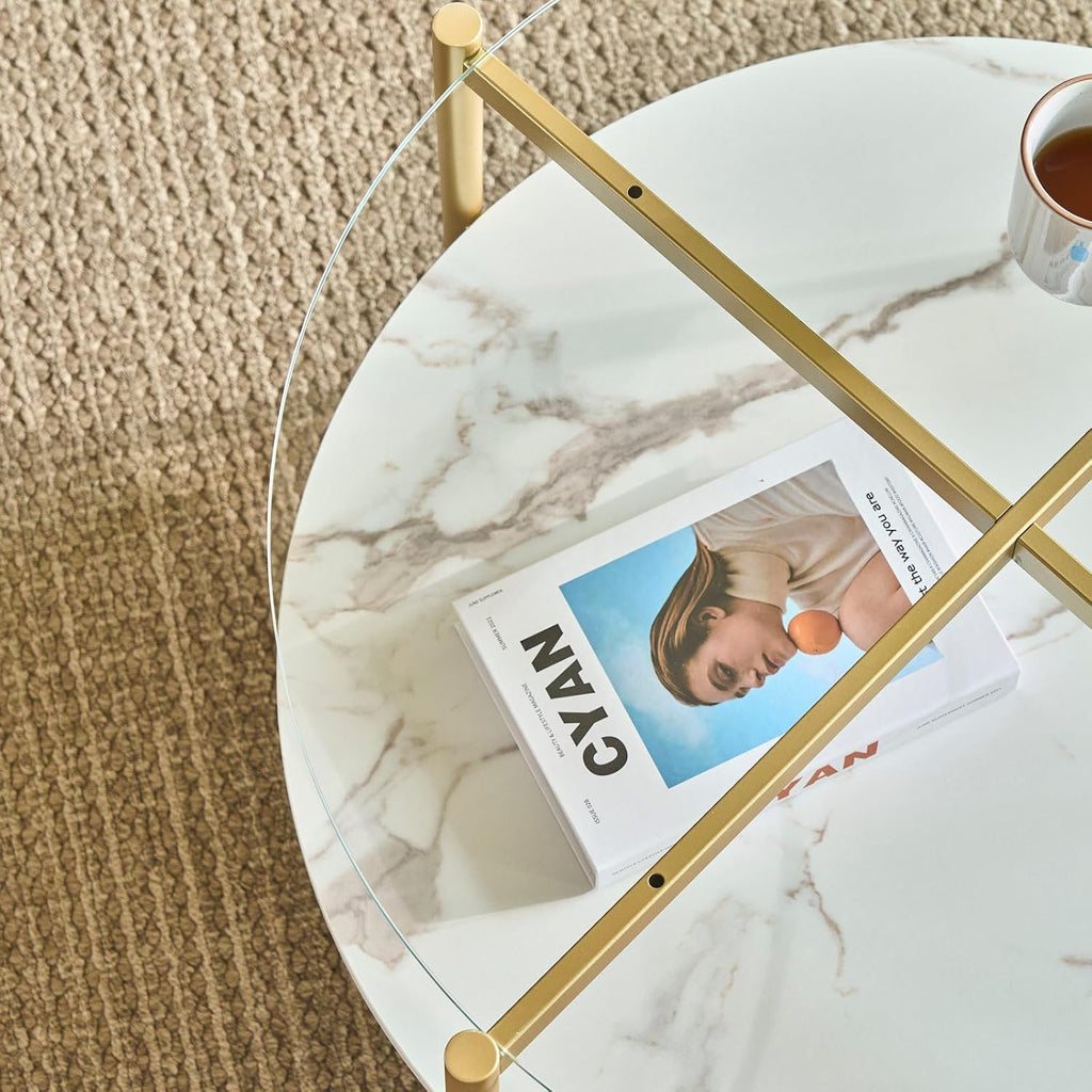 AGV LIGHTING 30' Round Glass Coffee Table,Mid-Century Modern Coffee Table for Living Room, Glod Finish Leg,2-Tier,Tempered Glass Top with White Marble MDF Shelf