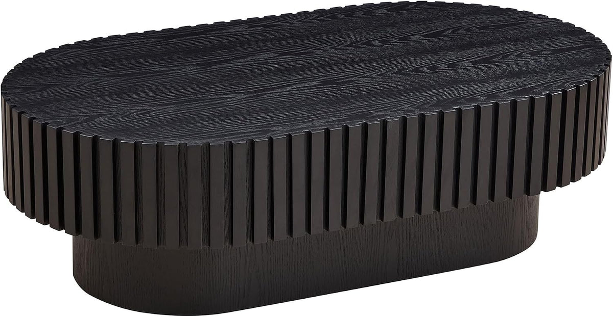 43.7' Oval Wood Coffee Table Black Living Room, Modern Fluted Side Coffe Table | Sturdy Base | Handcrafted Relief Carving, Easy Assembly