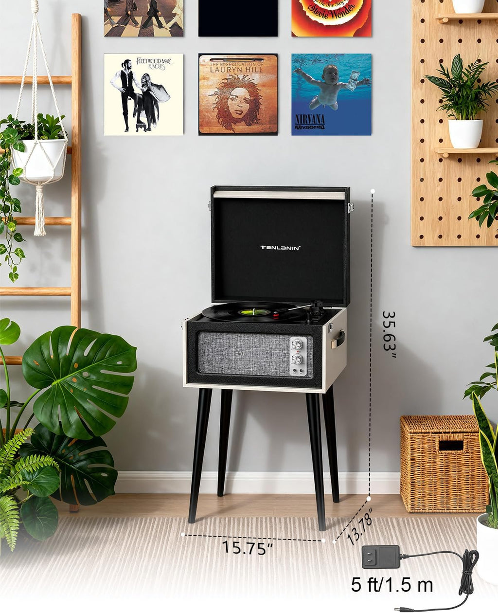 Vintage Standing Black Vinyl Record Player with Detachable Legs, Built-in 4 Speakers, USB to PC Encoding, 33/45/78 RPM LP Player Bluetooth Retro Turntables Support Headphone Jack, RCA Out, AUX in