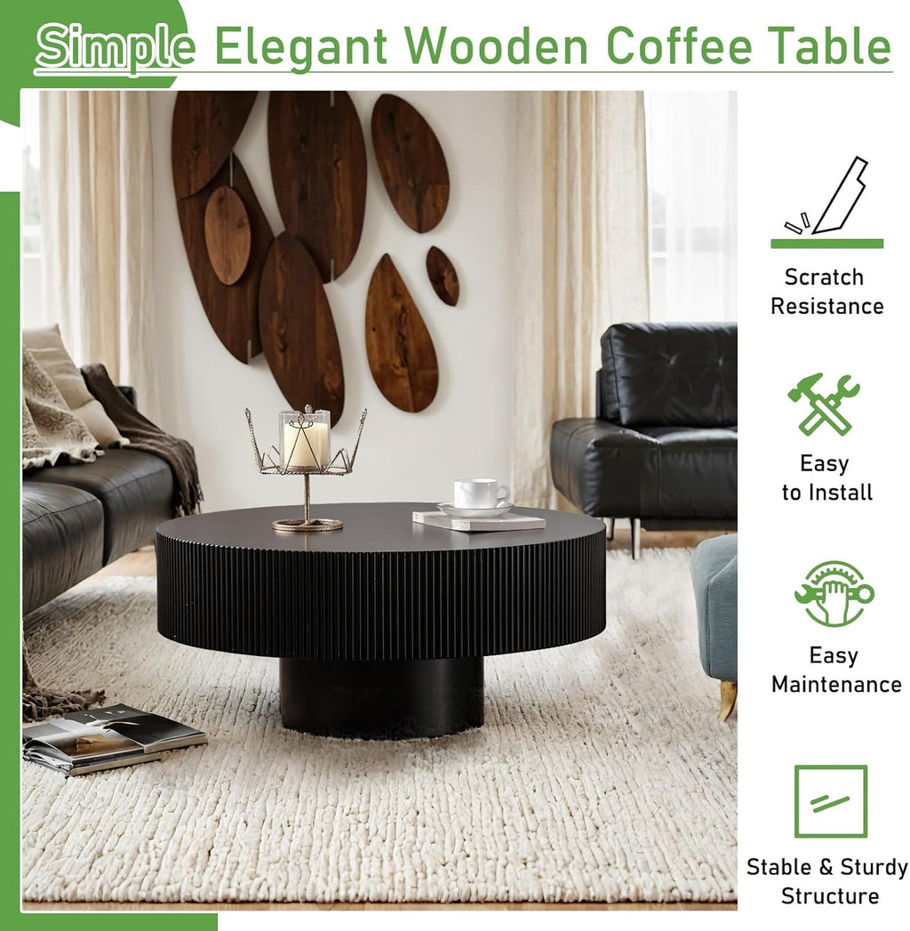 Modern Round Coffee Table for Living Room Drum Round Fluted Coffee Table Circular Pedestal Center Table for Office Patio (Black Thick)