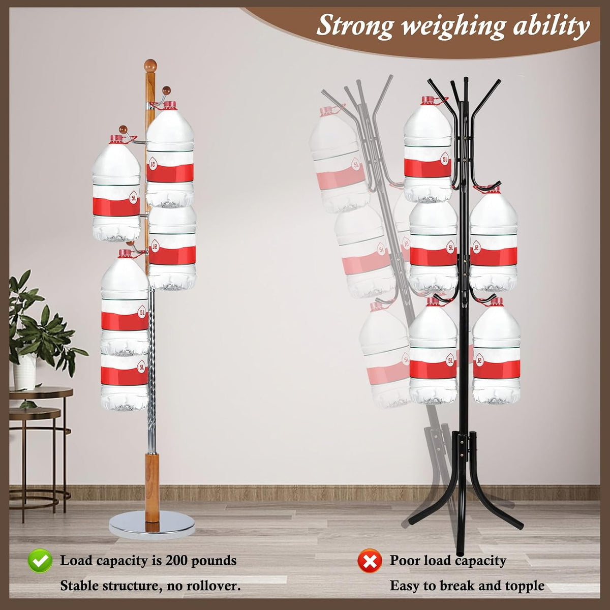 Wooden Coat Rack Freestanding, Vintage Coat Racks with Sturdy Round Base, Adjustable Height 37.40'-72.83' Entrance Coat Rack for Bedroom Living Room Entryway (Solid Wood Metal Hook)