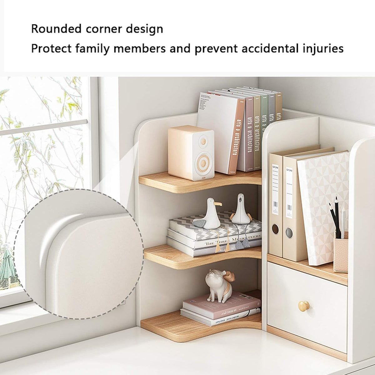 Bookshelf 3 Tier Desktop Bookshelf Wood Desktop Organizer Freestanding Countertop Bookcase Office Kitchen Corner Shelf Unit ，White+Log Color Bookcase Bookcase freestanding