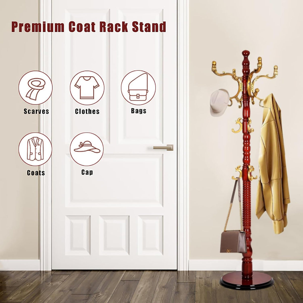 High-Grade Coat Rack Freestanding,Solid Wood Coat Rack Stand With 14 Hooks For Hallway Bedroom Office,Vintage Hall Tree Standing Coat Rack For Clothes Hat purse Bags(43x185cm(17x73inch), White)