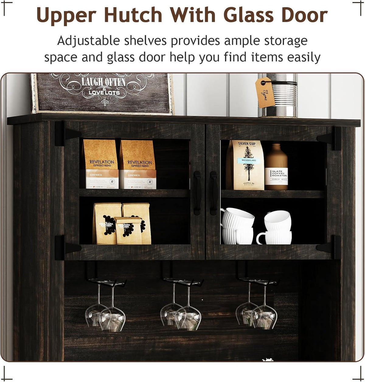 4ever2buy Farmhouse Coffee Bar Cabinet with Sliding Barn Door, 72' Hutch Coffee Bar with Storage, Large Kitchen Buffet Cabinet with Hutch, Tall Bar Cabinet Table for Living Dining Room, Oak