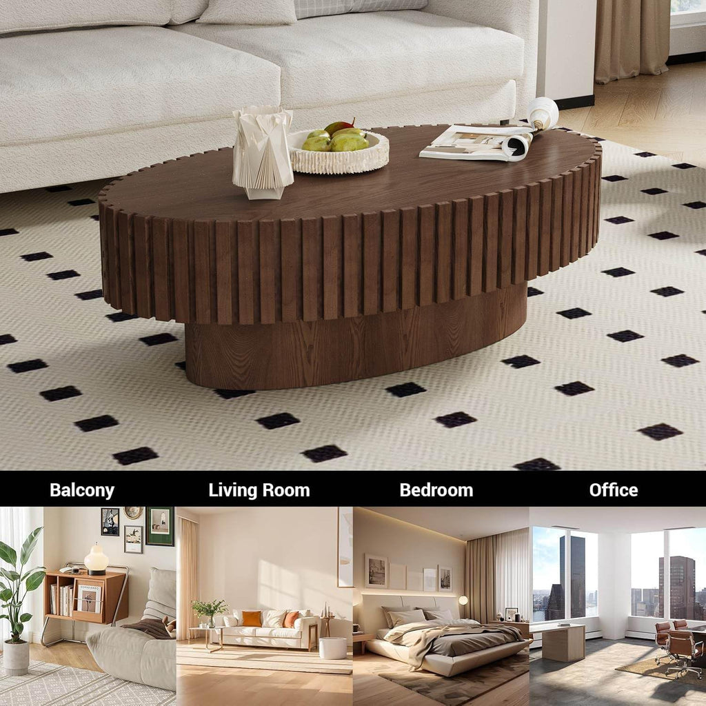 Handcrafted Oval Fluted Coffee Table, Modern Mid Century Minimalist Elegant Drum Oval Coffee Table with Sturdy Pedestal for Living Room Apartment (L)
