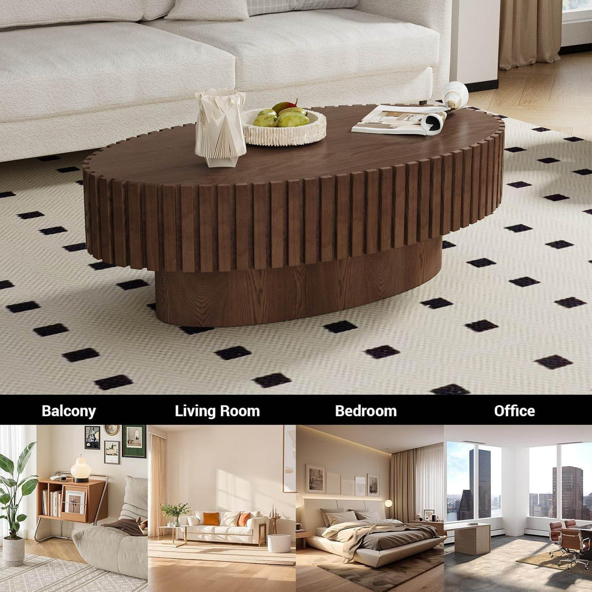 Handcrafted Oval Fluted Coffee Table, Modern Mid Century Minimalist Elegant Drum Oval Coffee Table with Sturdy Pedestal for Living Room Apartment (L)