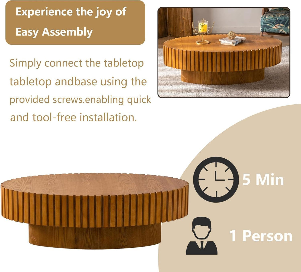 WXFKLDJ Oval Drum Coffee Table Black Round Fluted Coffee Table Wood Circle Center Table Pedestal End Table for Apartment Living Room (Light Brown Oval)
