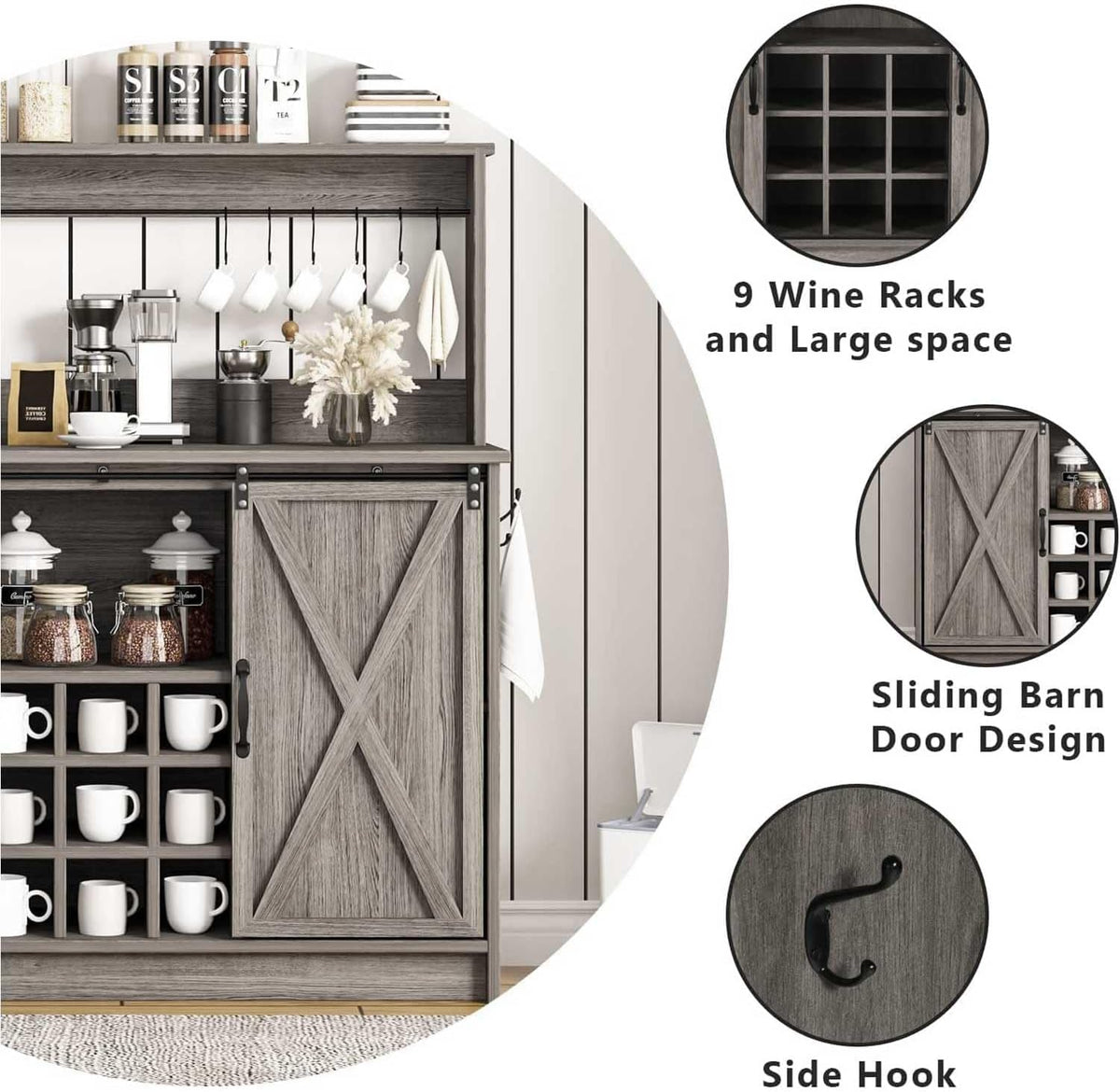 4ever2buy Farmhouse Coffee Bar Cabinet with 9 Wine Racks and 6 Hooks, 47 Inch Wine Cabinet with Storage, Kitchen Buffet Cabinet with Adjustable Shelves for Living Dining Room, Grey