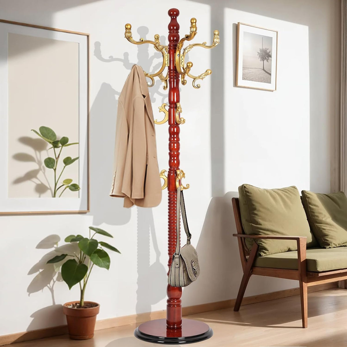 73 in Wood Coat Rack, Coat Rack Freestanding with Stable Round Base, Adjustable Height Tree Coat Racks Stand for Home Bedroom Office Hallway Entryway (Haitang color)