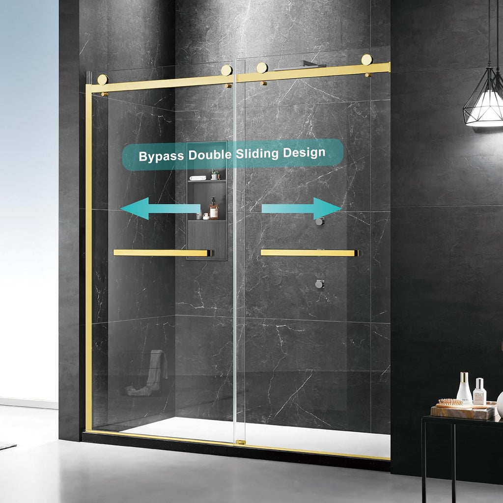Milano Double Sliding Shower Door, 60 in.W x 74 in.H Framed Shower Door 5/16'(8mm) Clear Tempered Glass, 18 inch Pull Handle, Stainless Steel Hardware, Brushed Gold Finished