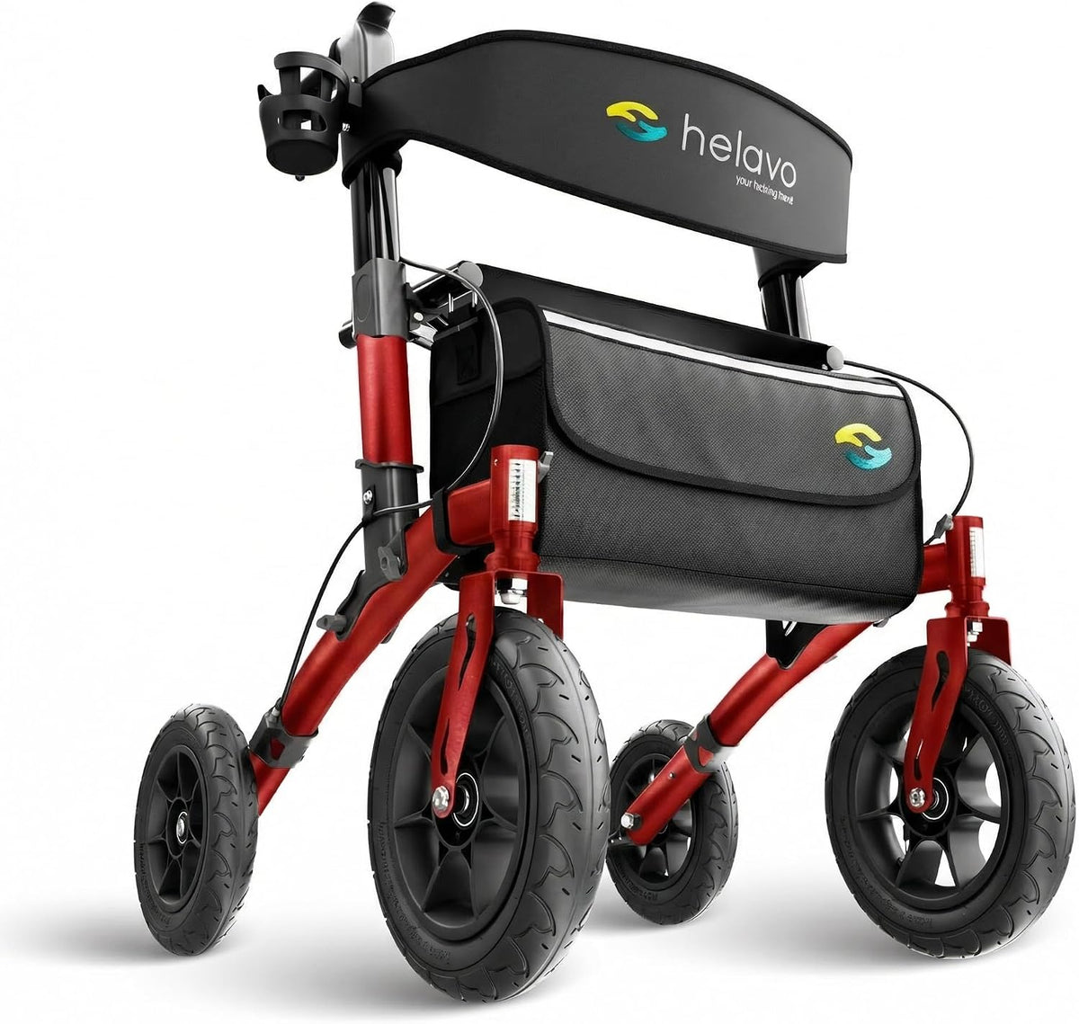 Helavo All Terrain Walker with Puncture-Proof, Flat-Free Solid Rubber Tires, 12' Wheels - Foldable Outdoor Walker for Seniors with Seat, Ergonomic Handles and Extra Padded Backrest