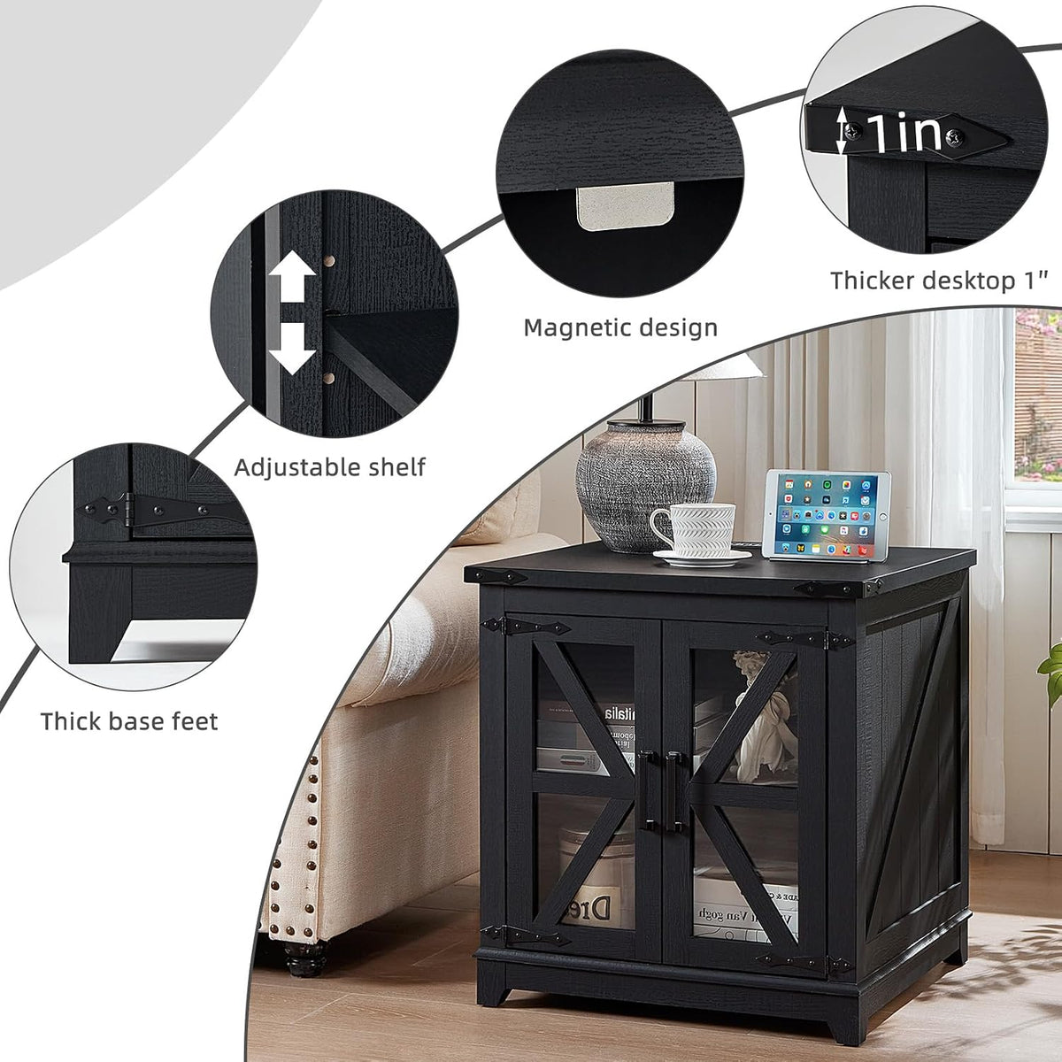 Joaxswe Farmhouse End Table with Charging Station Set 2, 24' Large Sofa Side Table with Glass Barn Door, Nightstand with Adjustable Storage Shelf,Wood Square Bedside Table for Living Room,Bedroom