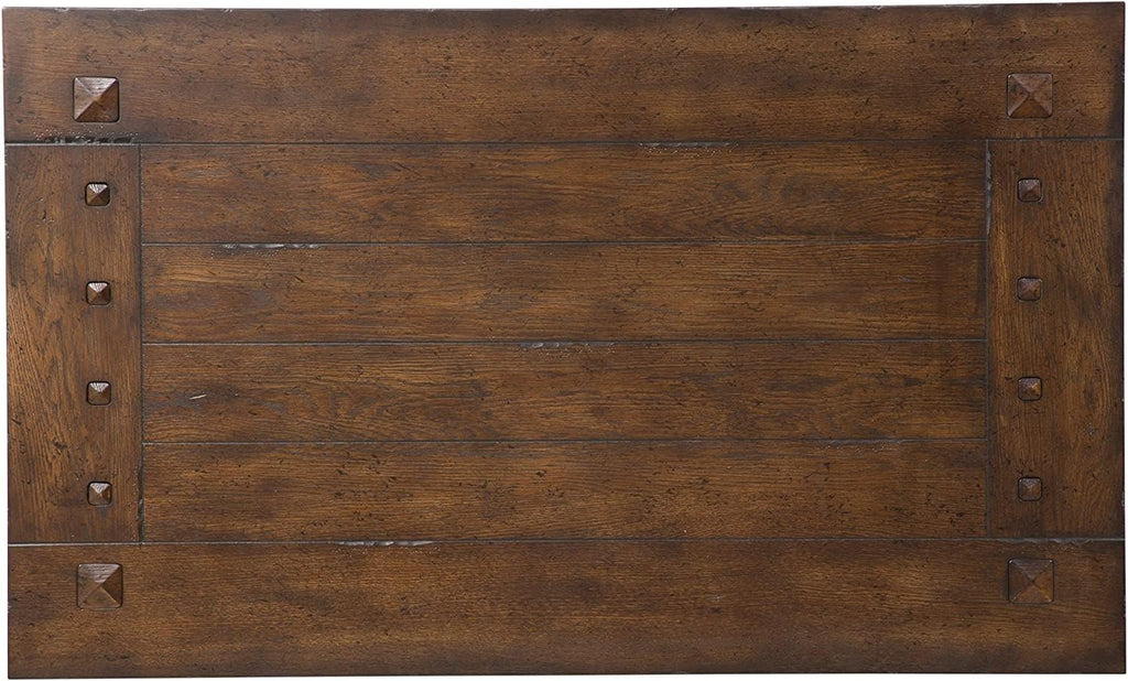 Pemberly Row Traditional Wood Cocktail Table, Brown Finish, Spanish Style Turned Legs, Heavy Planked Top, Bottom Shelf, Square Peg Accents, 50 in Wide Coffee Table for Living Room Storage and Display
