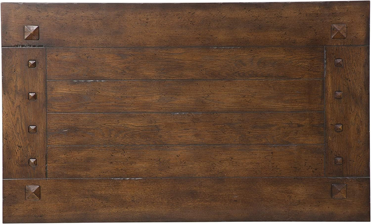 Pemberly Row Traditional Wood Cocktail Table, Brown Finish, Spanish Style Turned Legs, Heavy Planked Top, Bottom Shelf, Square Peg Accents, 50 in Wide Coffee Table for Living Room Storage and Display