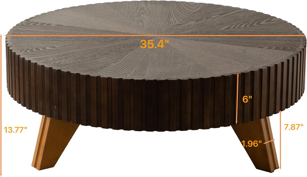 35.4'' Round Coffee Table Wood, Modern Fluted Circle Coffee Table for Living Room, Unique Rustic Farmhouse Center Tea Table with Solid Wood Veneer and Sturdy 3 Legs, Easy Assembly, Brown