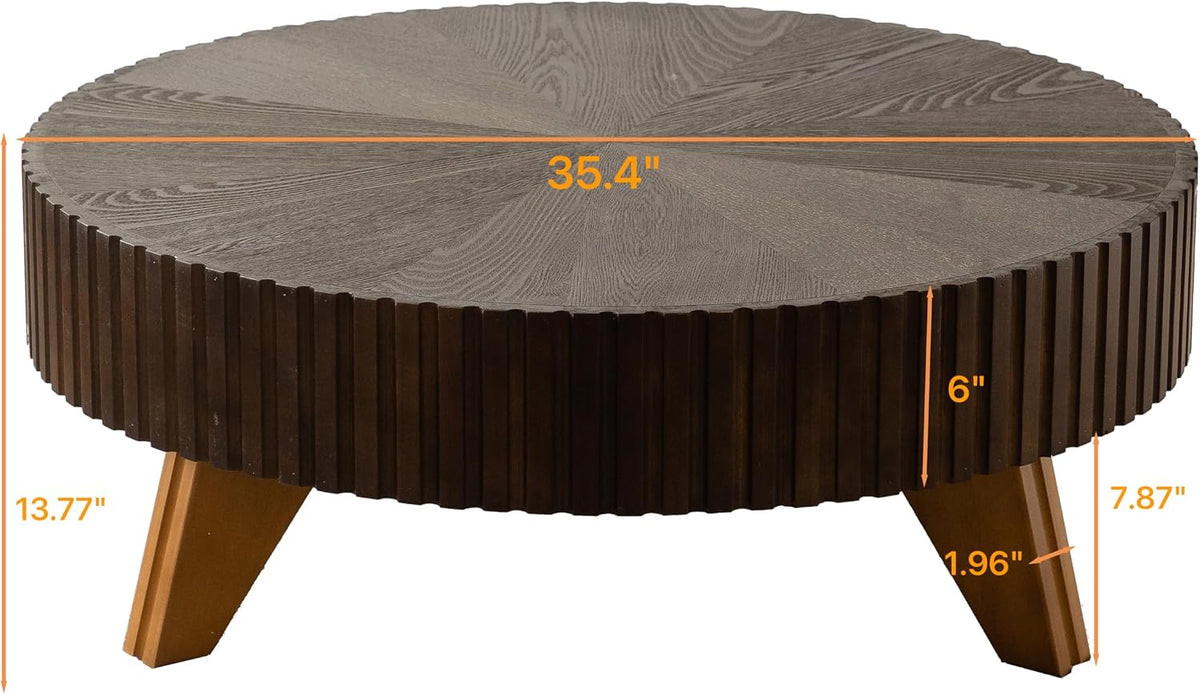 35.4'' Round Coffee Table Wood, Modern Fluted Circle Coffee Table for Living Room, Unique Rustic Farmhouse Center Tea Table with Solid Wood Veneer and Sturdy 3 Legs, Easy Assembly, Brown