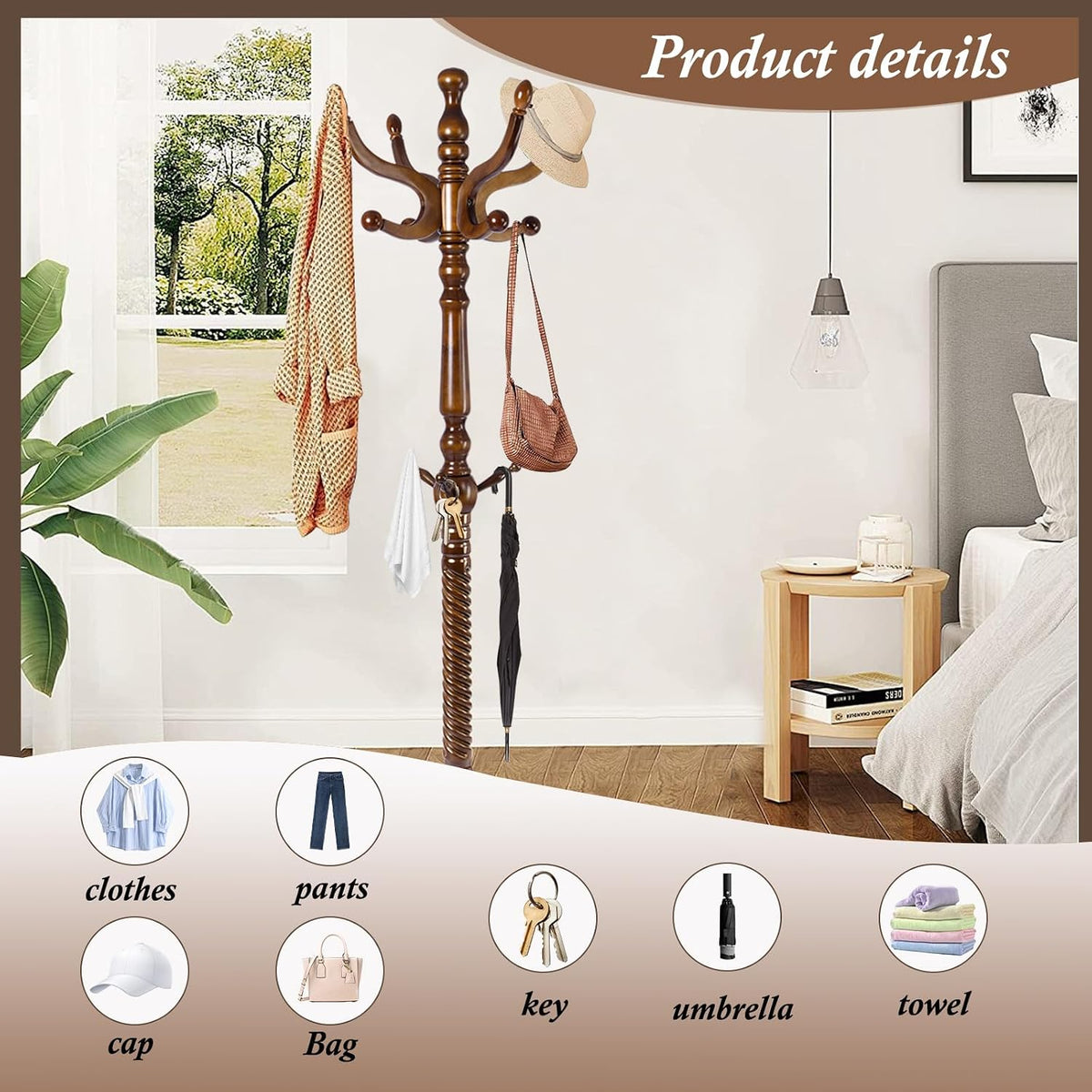 Wooden Coat Rack Freestanding, Vintage Coat Racks with Sturdy Round Base, Adjustable Height 37.40'-72.83' Entrance Coat Rack for Bedroom Living Room Entryway (Vintage Circular)
