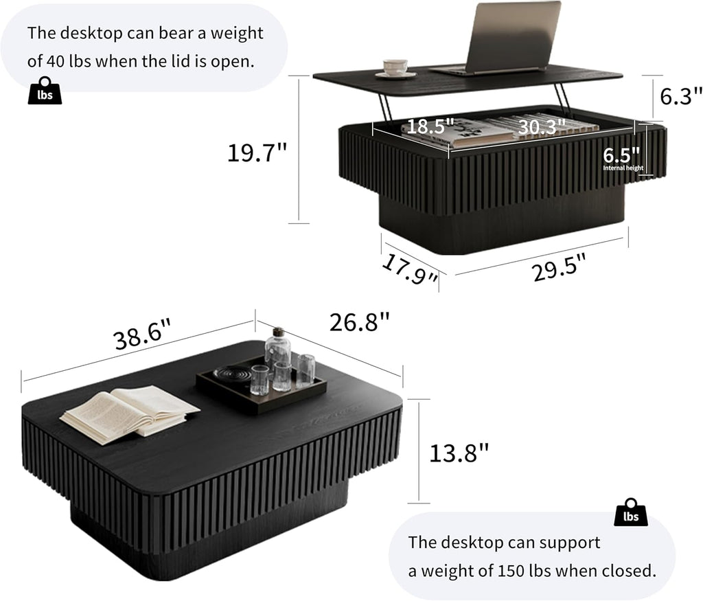 Lift Top Coffee Table with Storage, 38.6' Farmhouse Coffee Table with Lift Top, Modern Drum Wooden Fluted Coffee Center Tea Tables with Hidden Storage Compartment for Living Room Apartment,Black