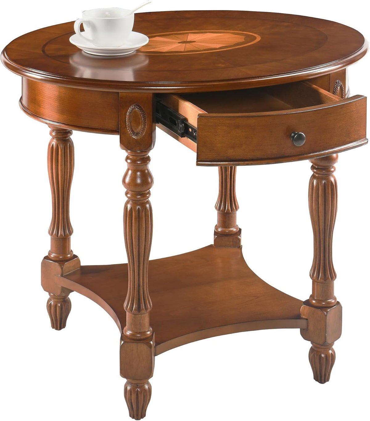 Large Oval End Table with Drawer, Sofa Side Table with Storage Shelf, Solid Wood Beside Table with Unique Floral Tabletop, Home Table for Living Room,Beeswax No-Tools Install CJZ1533MG