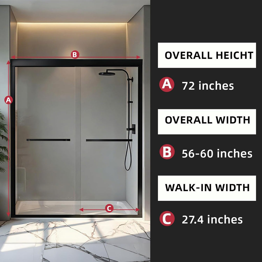 Shower Door 56-60' W x 72' H, Semi-Frameless Sliding Glass Shower Door, 1/4' (6mm) SGCC Tempered Glass Bathroom Sliding Door, Matte Black Finish, 304 Stainless Steel Hardware