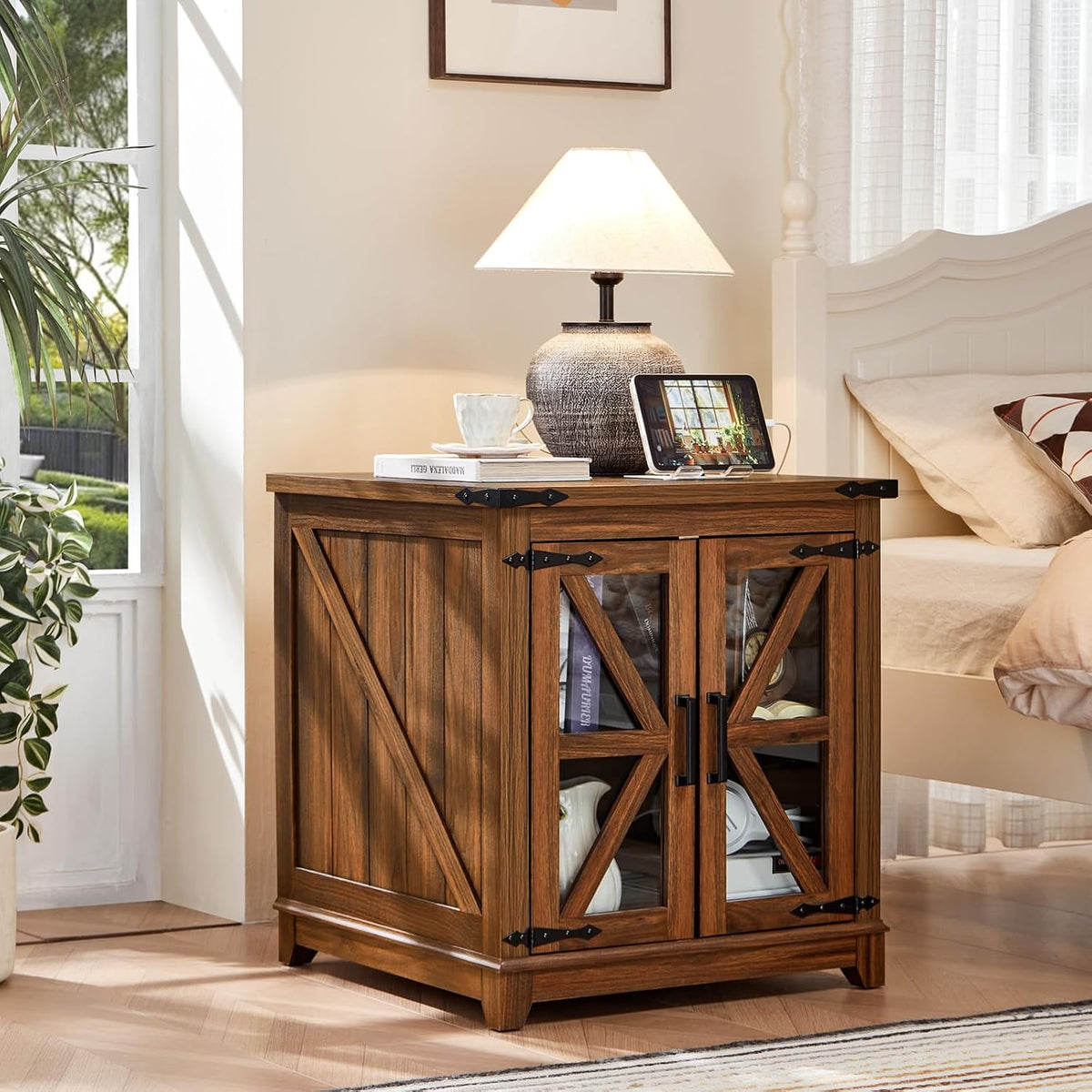 Joaxswe Farmhouse End Table with Charging Station, 24' Large Sofa Side Table with Glass Barn Door, Nightstand with Adjustable Storage Shelf,Wood Square Bedside Table for Living Room,Bedroom