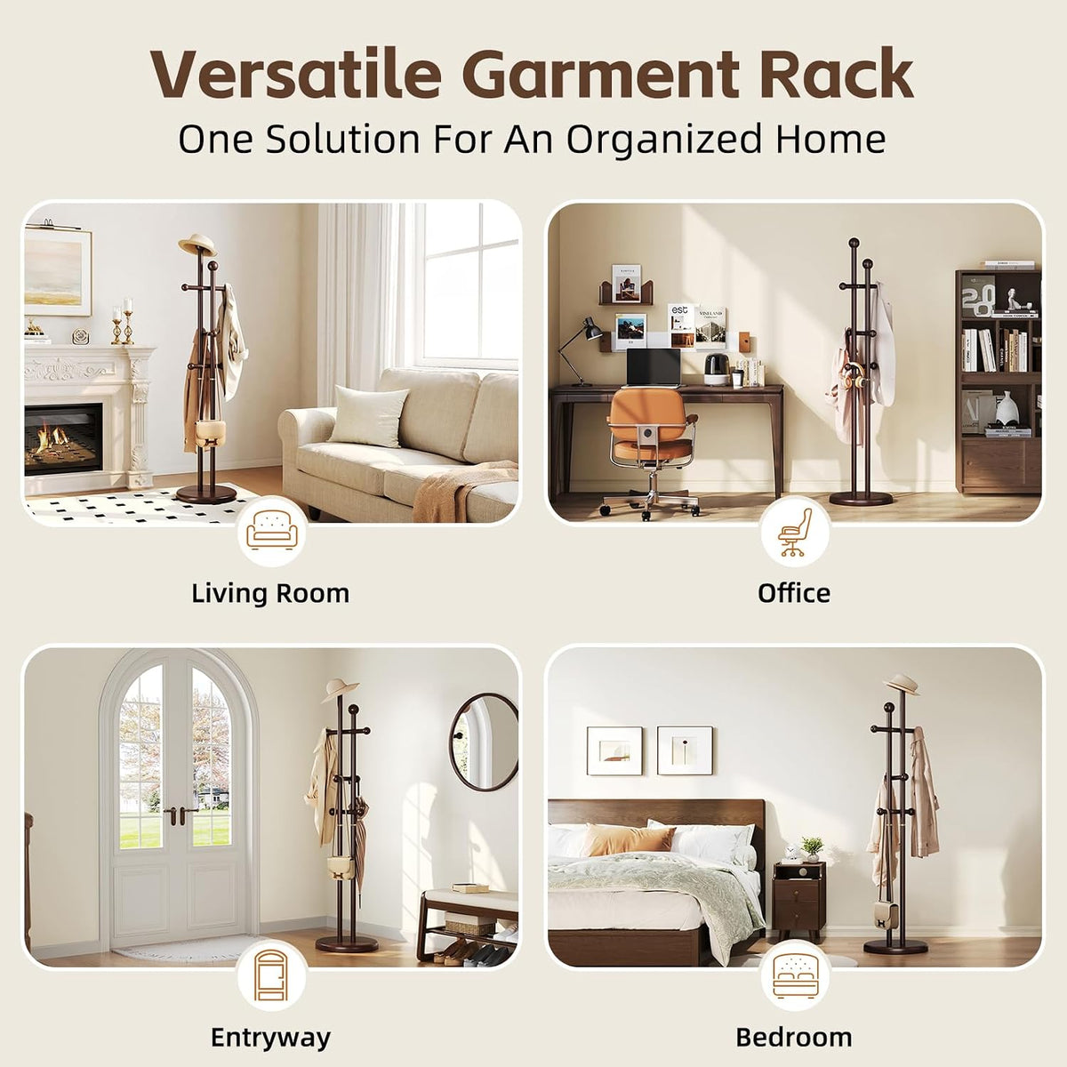 Uniclinens Wood Coat Rack Freestanding - Heavy Duty Freestanding Coat Rack, Wooden Coat Stand with 6 Hooks Creative Tree Branch-look for Entryway, Hallway, Bedroom (Dark Walnut)