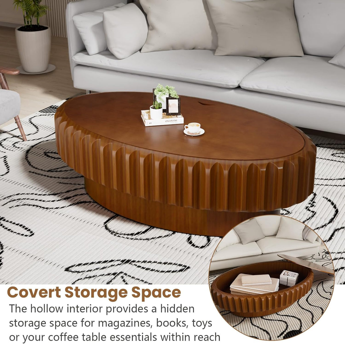 43.3'' Oval Coffee Table with Storage Drum Coffee Tables with Solid Wood Fluted, Modern Wooden Accent Center Table for Living Room, Apartment, Home, Office - Brown (Brown 43.3')
