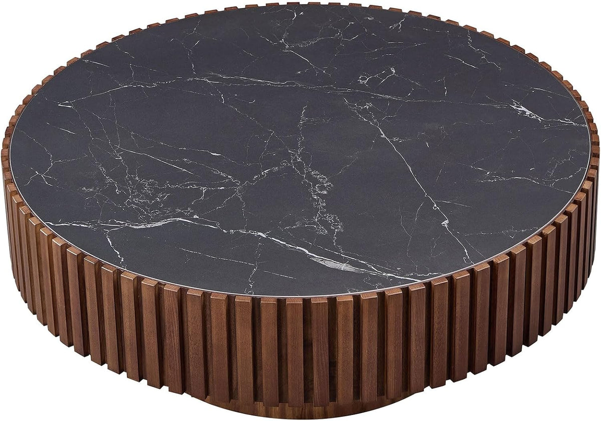 JUSTONE 35.43''Round Coffee Table,Modern Round Sintered Stone Tabletop Drum Coffee Table Luxury Circle Coffee Table for Apartment, Walnut