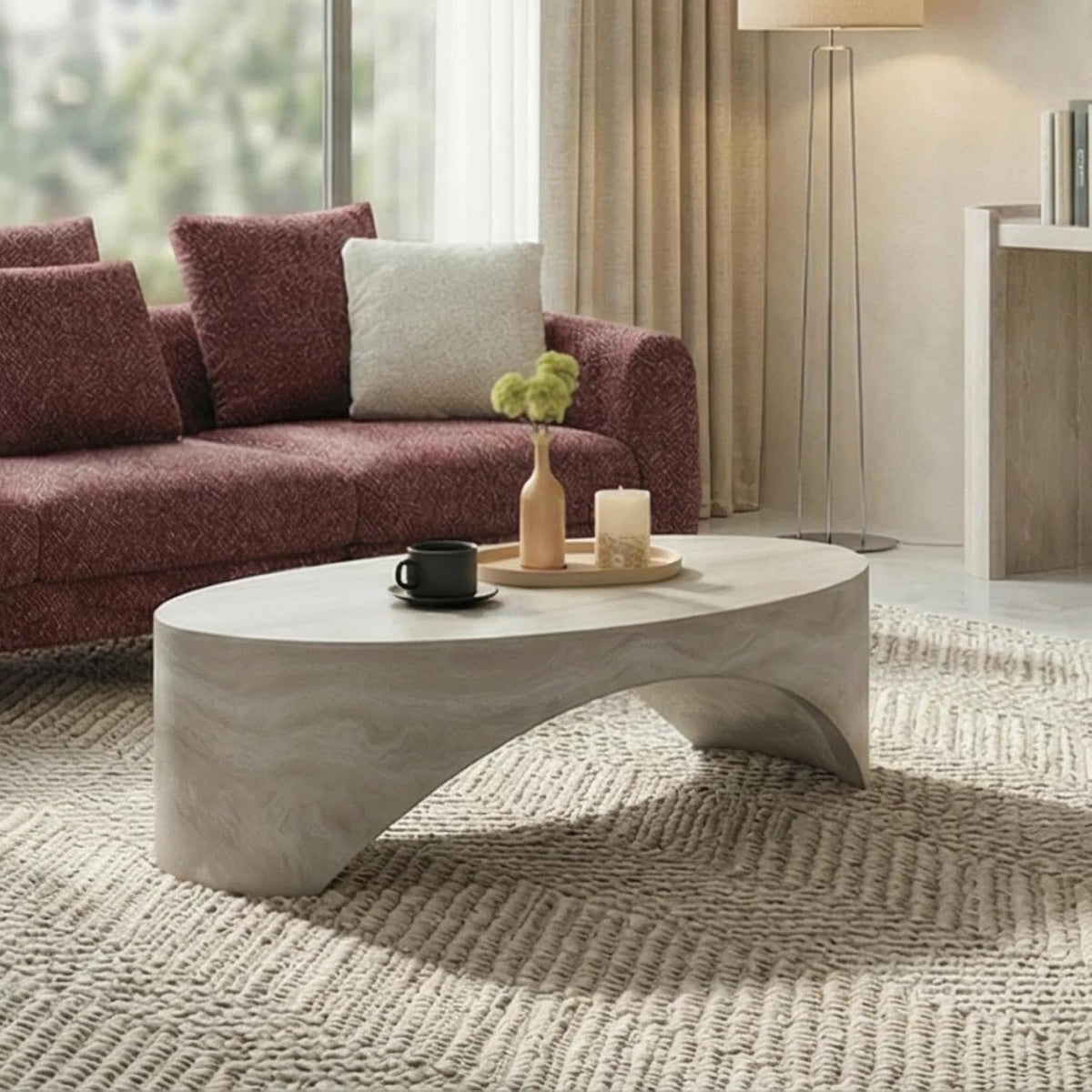 43.31' Oval Fiberglass Coffee Table, Modern Center Table for Living Room, No-Assembly Stone-Look Accent Table, Oval Marble-Inspired Coffee Table, Ivory Travertine Texture