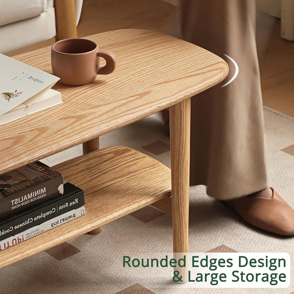 100% Solid Oak Wood Coffee Table with Open Shelf - Oval Narrow Coffee Table for Small Space, Living Room (Oak, 39.37')