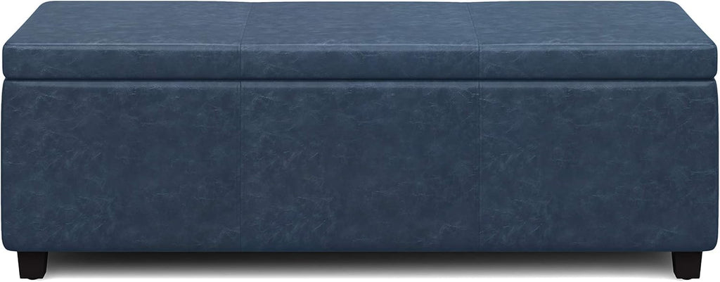 SIMPLIHOME Avalon Storage Ottoman Bench - 48' Wide x 16' High Upholstered Vegan Leather Rectangular Lift-Top Ottoman in Denim Blue, Contemporary Storage Bench for Living Room with High-Density Foam