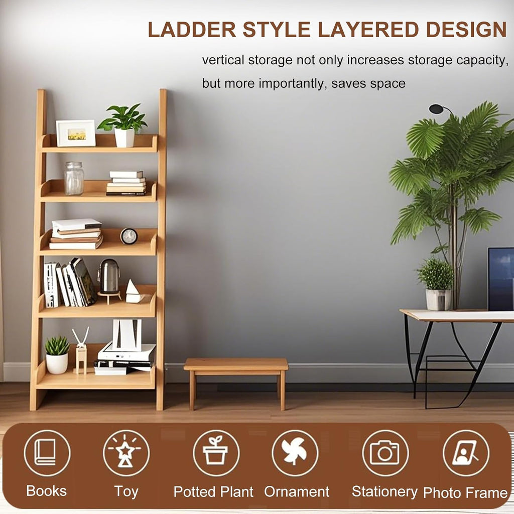 Ladder Shelf Bookcase, 5 Tier Wooden Ladder Bookshelf Space-Saving, Freestanding Storage Rack Organizer for Living Room, Home Office and Bedroom, Wood Color