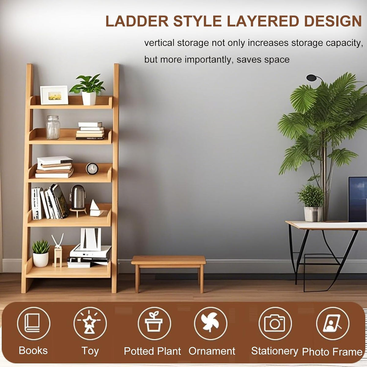 Ladder Shelf Bookcase, 5 Tier Wooden Ladder Bookshelf Space-Saving, Freestanding Storage Rack Organizer for Living Room, Home Office and Bedroom, Wood Color
