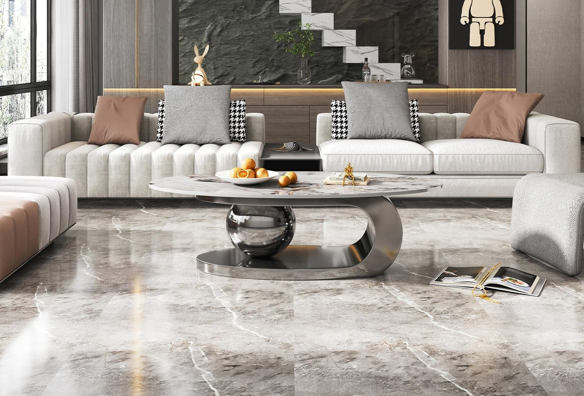 Henf Faux Marble Coffee Table for Living Room, 51 Inches Oval Imitation Marble Coffee Center Table with Silver Stainless Steel Base & Sintered Stone Tabletop