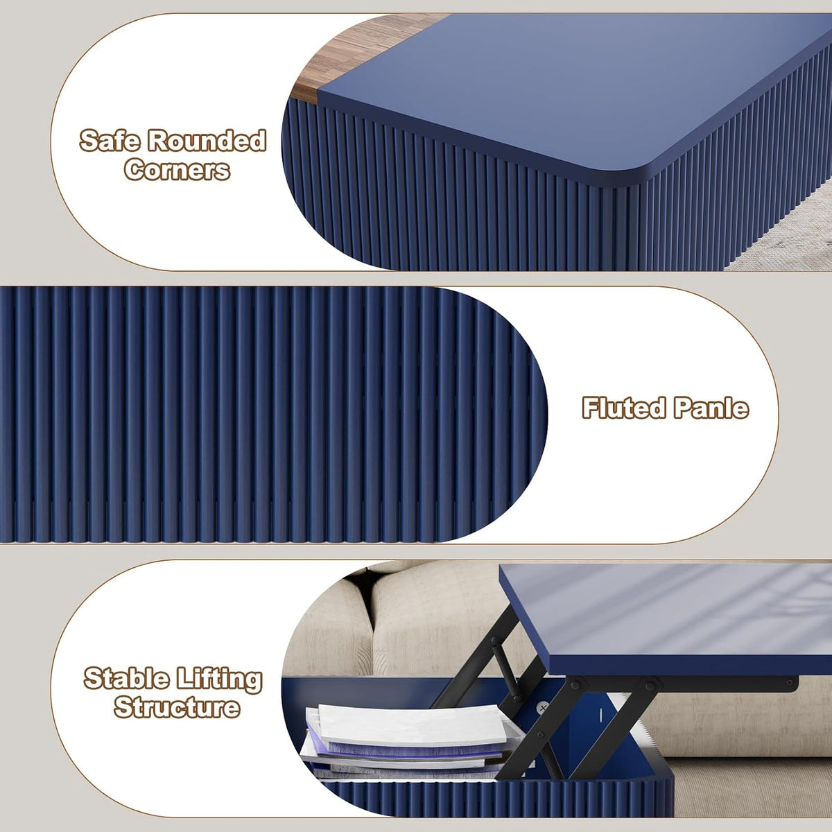 HLR 47' Dual Lift Top Coffee Table with Storage, Modern Wood Fluted Coffee Table with Hidden Compartment,Lift Tabletop Dining Center Table for Living Room, Office, Blue