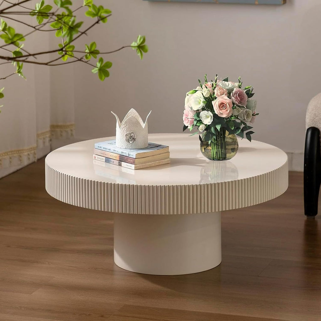 30.7'' Modern Fluted Round Coffee Table for Living Room, Drum Circle Coffee Table with Sturdy Pedestal, Small Round Center Table Contemporary Tea Table Funky Side Table for Apartmen,White,Fluted
