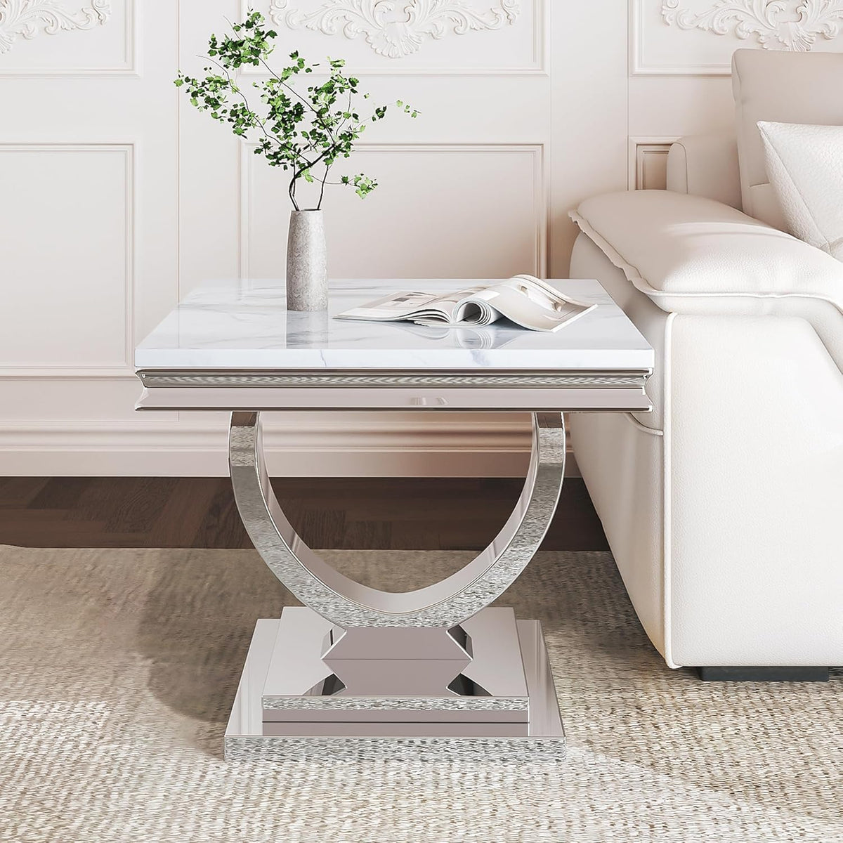 Marble Coffee Table Set of 3, Includes 1 Coffee Table with 2 Square End Side Tables, Luxury 3 Piece Living Room Table Set with White Faux Marble Tabletop & Silver Stainless Steel Base