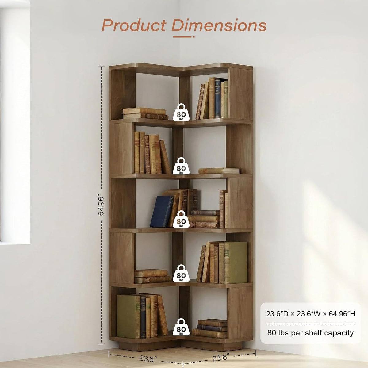 Corner Bookshelf 5-Tier L-Shaped, 66 Inch Tall Wooden Freestanding Bookcase, Modern Display Storage Organizer for Home Office, Living Room, Walnut