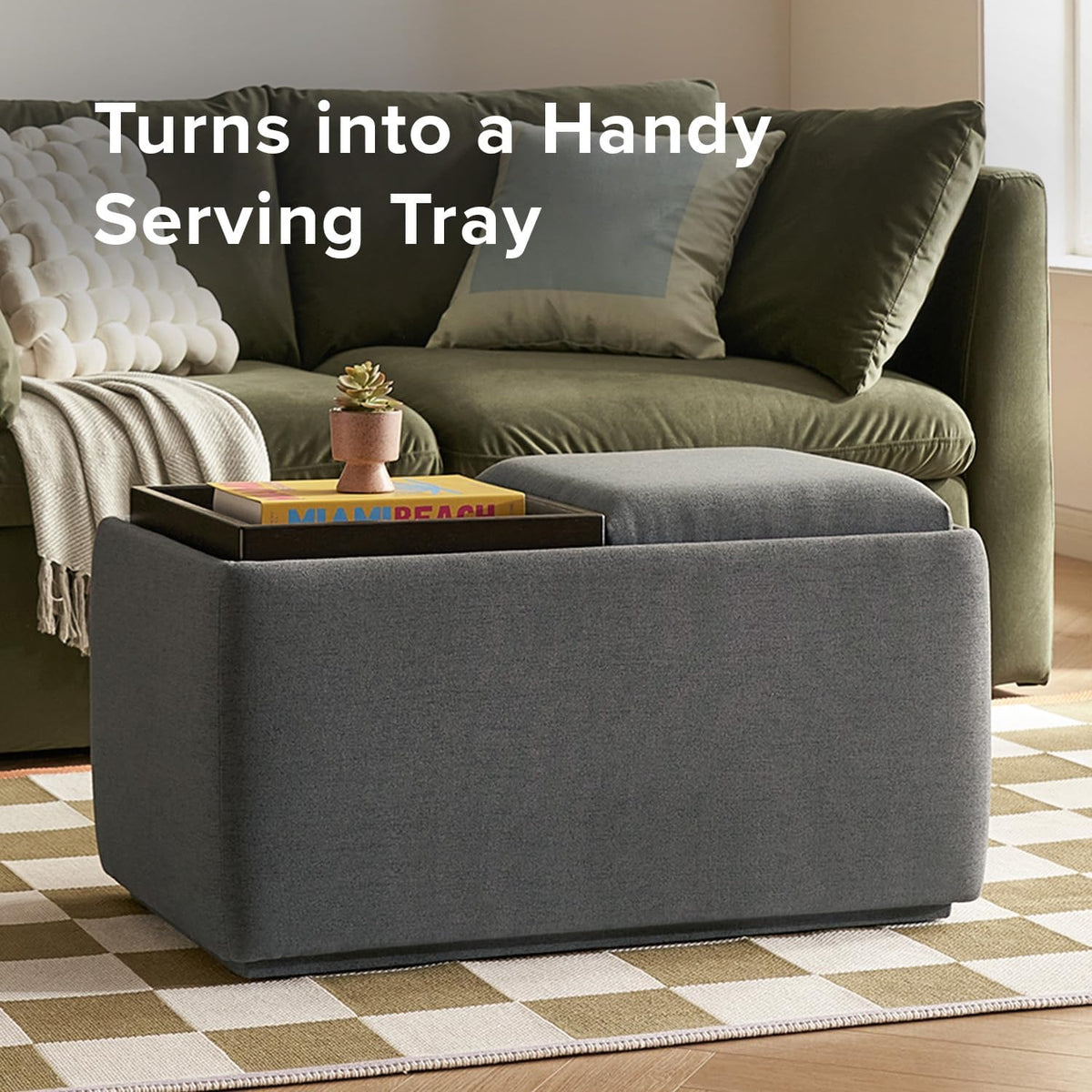 mopio Levi Storage Bench with Reversible Tray, Modern Storage Coffee Table, Bedroom Bench, Rectangular Cube Upholstered Coffee Table Ottoman for Living Room, Bedroom, Entryway (Fabric, Dark Gray)