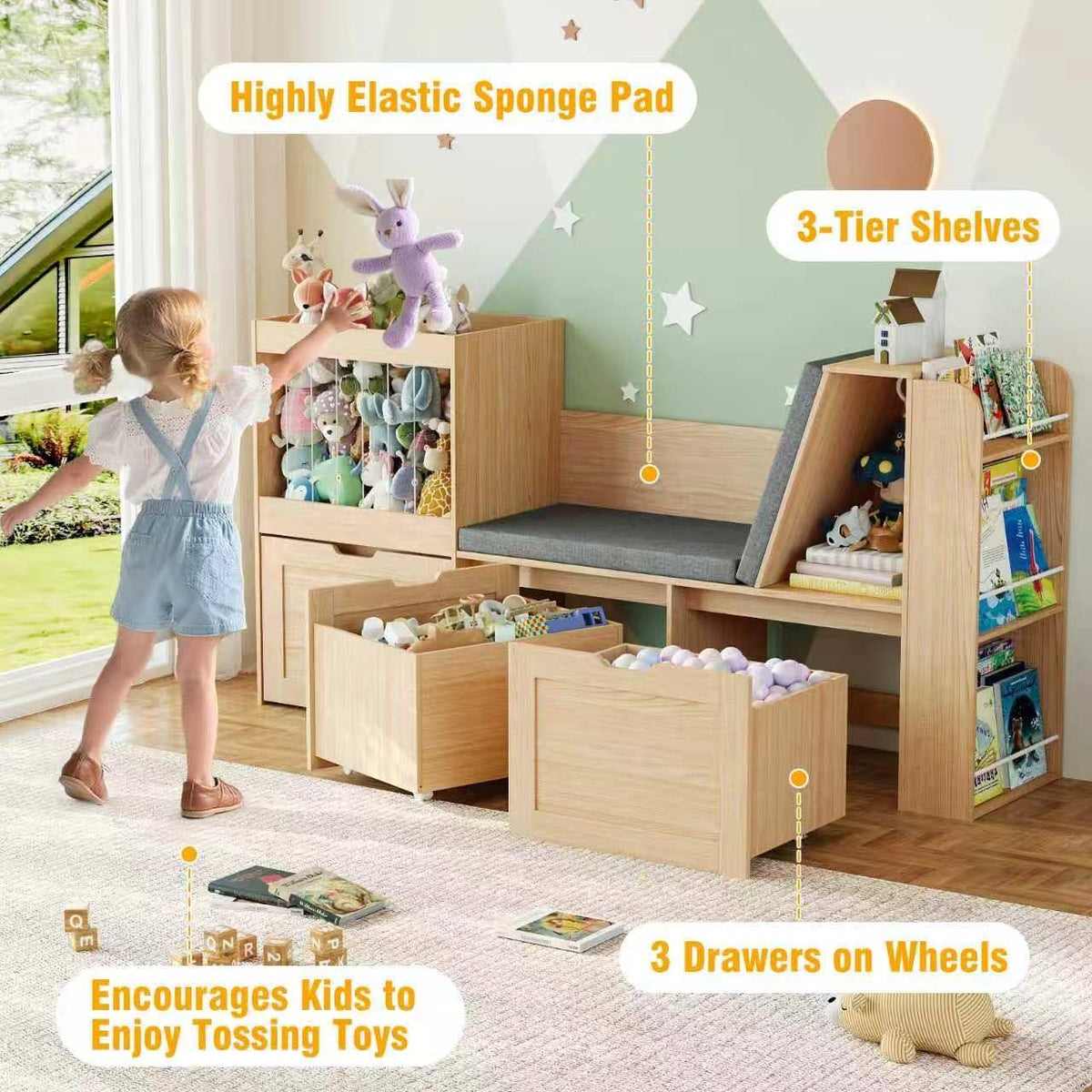 66.9' Kids Reading Nook, Toy Storage Organizer with Stuffed Animal Storage, Bench and Removable Cushions, Wooden Toddler Bookshelf with 3 Movable Drawers for Nursery, Playroom (Oak)