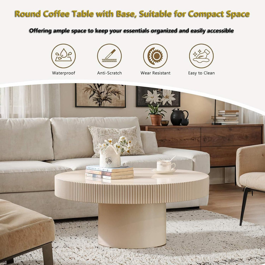 Cream Rustic Drum Round Coffee Table Modern Circle Center Table Circular Vintage Fluted Coffee Tables with Stable Pedestal, for Living Room Bedroom Farmhouse Office (P31.49IN)