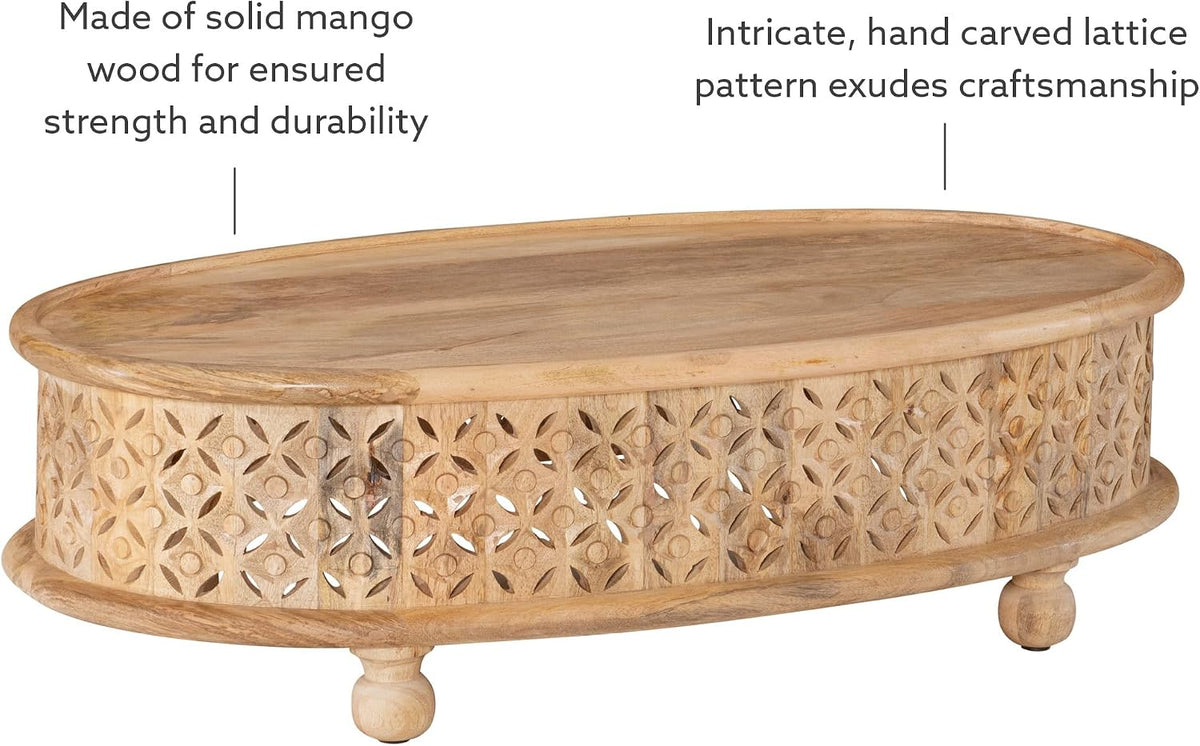 Powell Sympico Natural Stained Mango Wood Sympic Oval Coffee Table with Carved Details