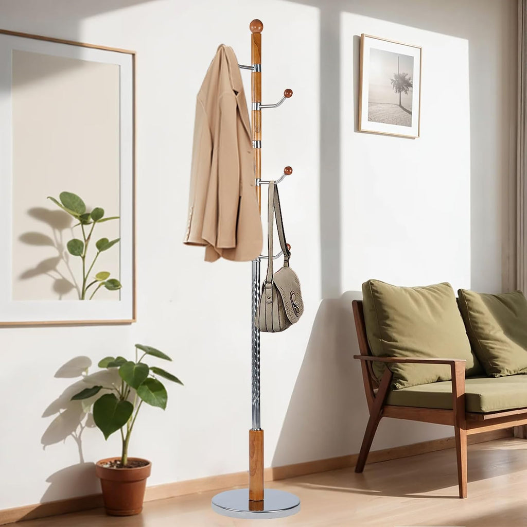 68 in Wood Coat Rack, Coat Rack Freestanding with Stable Round Base, Adjustable Height Tree Coat Racks Stand for Home Bedroom Office Hallway Entryway (Solid Wood Metal Hook)