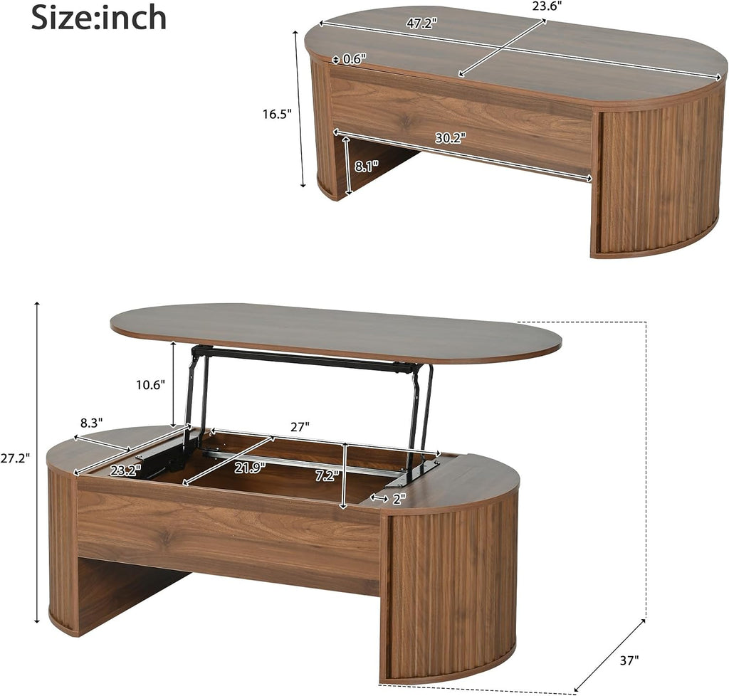 Lift Top Coffee Table with Storage Hidden Compartment, Partially Assembled Wooden Fluted Center Table, 47.2' Modern Oval Smart Lift Tabletop for Home Living Room Office-Brown