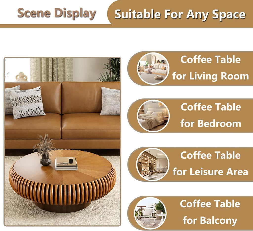 Round Handcraft Fluted Coffee Table with Sturdy Stable Pedestal Modern Luxury Drum Center Table Circle Accent Base Center Tables for Living Room Apartment (P)