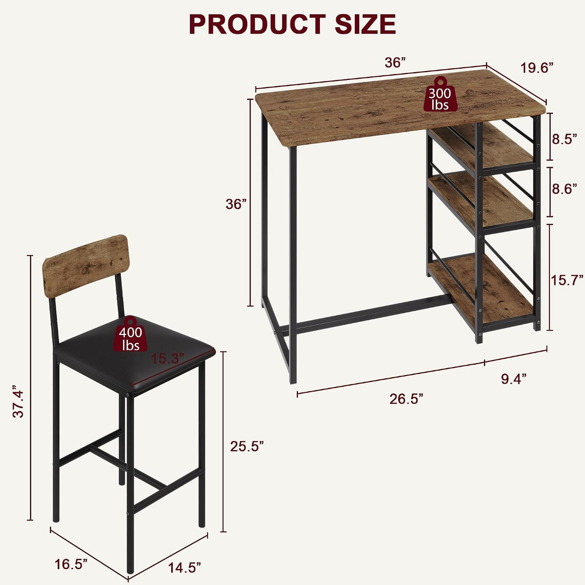 Takywep Compact Dining Table Set for 2 with Storage Shelves, Counter Height Bar Table with Upholstered Stools, Small Kitchen Table with Round Corner and Footrest, Perfect for Small Area, Brown