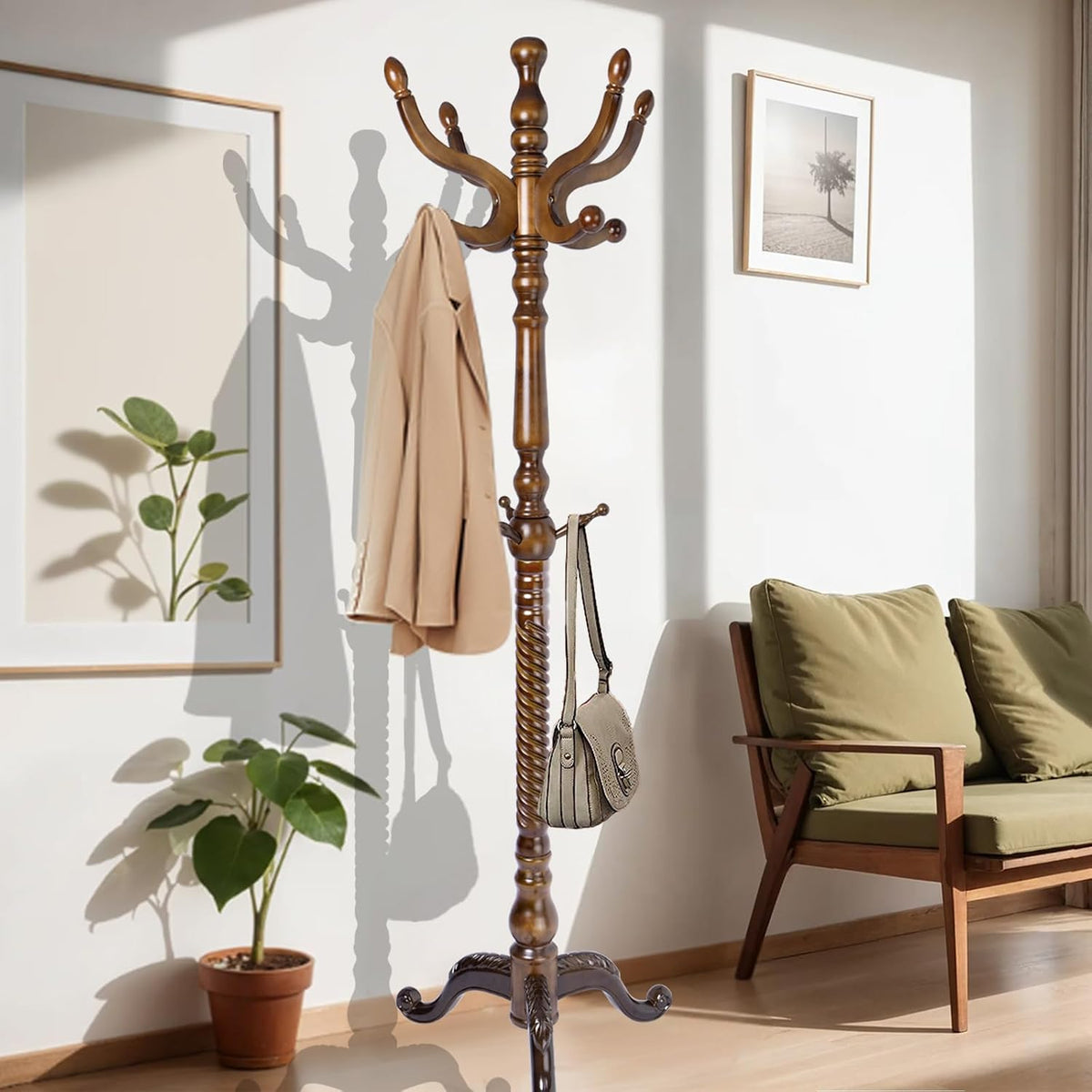 73 in Wood Coat Rack, Coat Rack Freestanding with Stable Round Base, Adjustable Height Tree Coat Racks Stand for Home Bedroom Office Hallway Entryway (Triangular Antique)
