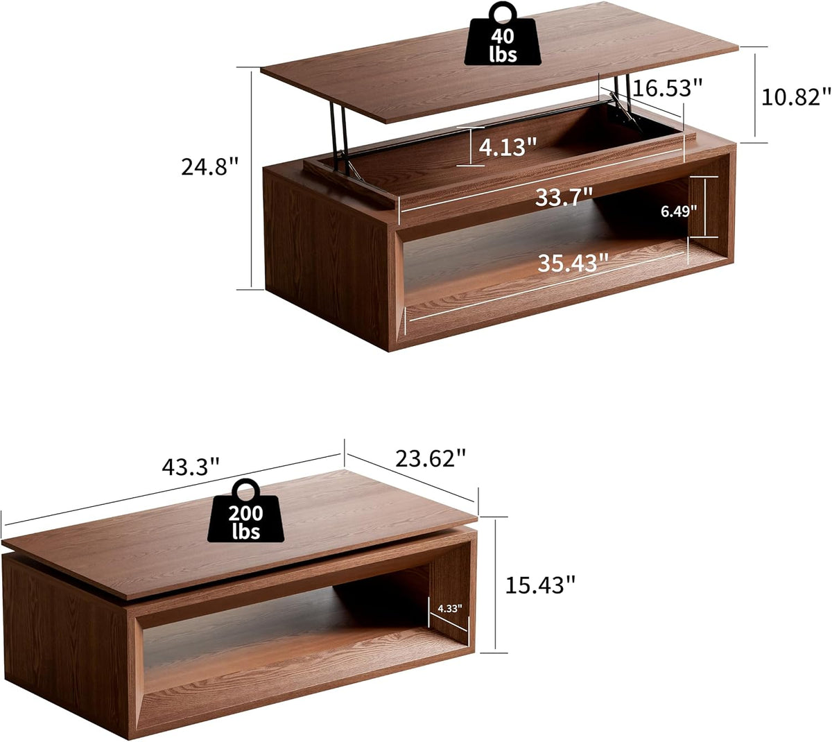 43.3'' Lift Top Coffee Table with Hidden Storage, Solid Wood Veneer Modern Center Table with Hydraulic Gas Spring, Floating Surface Tea Table for Living Room (43.3'' Walnut Lift-Top Coffee Table)