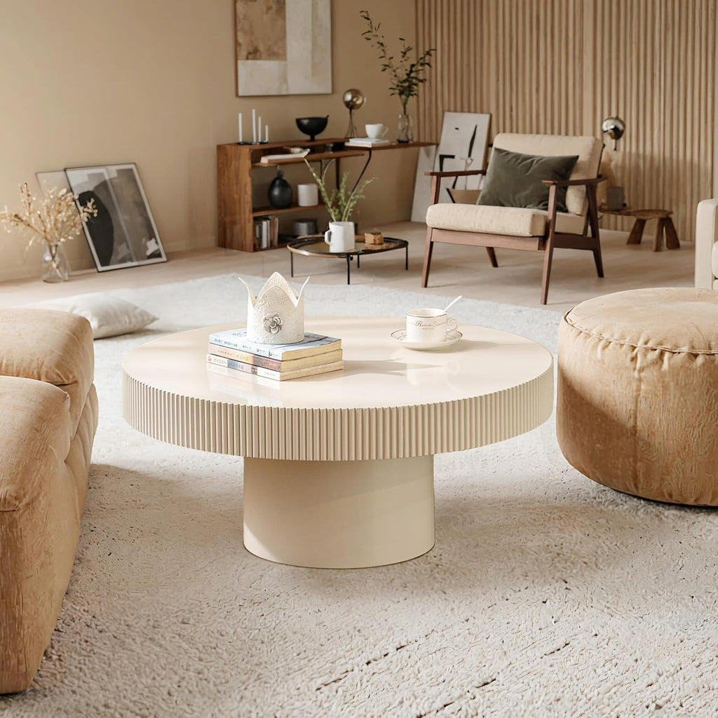 Round Coffee Table Farmhouse Coffee Table with Handcrafted Relief Circle Drum End Table for Apartment Living Room (White Thin)