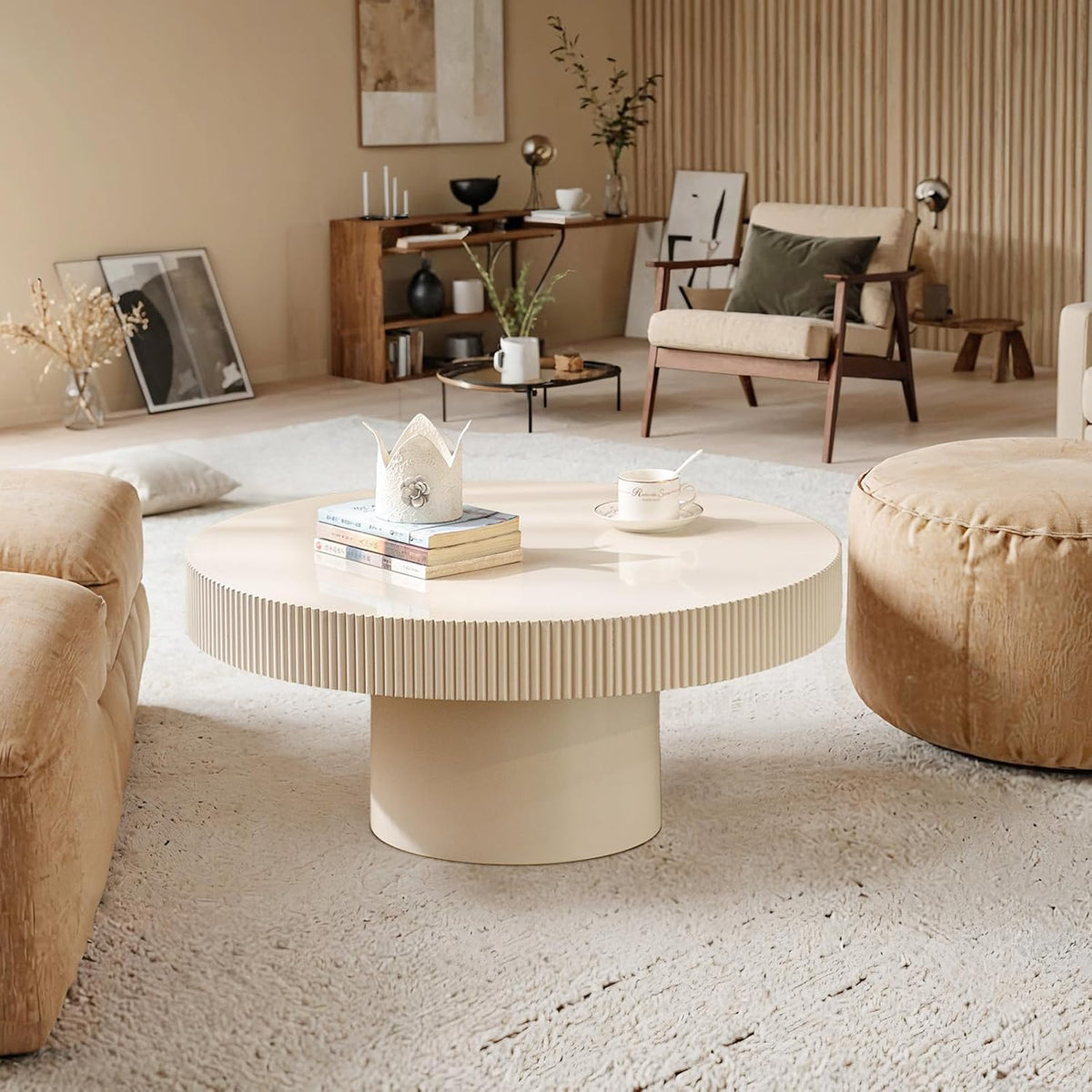 Round Coffee Table Farmhouse Coffee Table with Handcrafted Relief Circle Drum End Table for Apartment Living Room (White Thin)